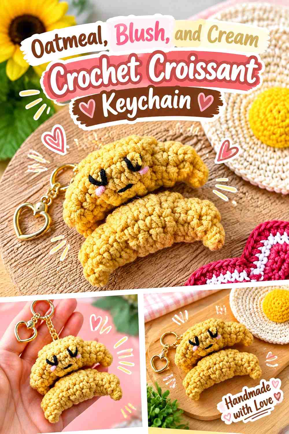 Oatmeal, Blush, and Cream Crochet Croissant Keychain
