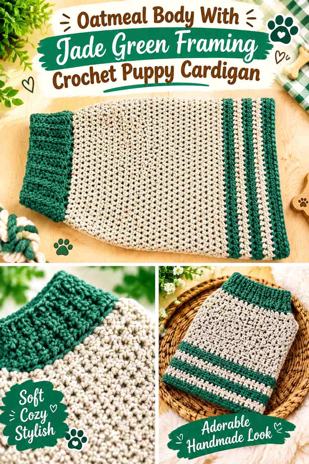 Oatmeal Body With Jade Green Framing Crochet Puppy Cardigan
