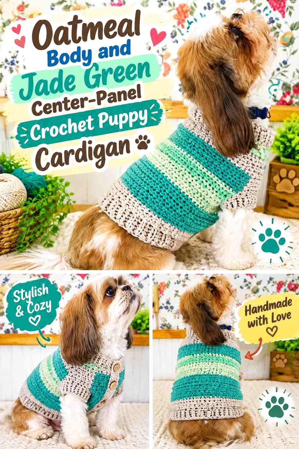 Oatmeal Body and Jade Green Center-Panel Crochet Puppy Cardigan