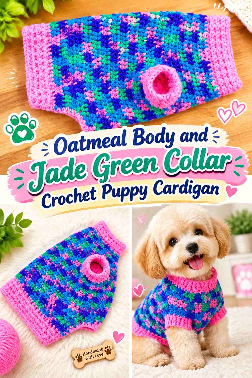 Oatmeal Body and Jade Green Collar Crochet Puppy Cardigan