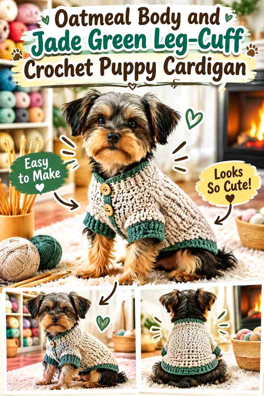Oatmeal Body and Jade Green Leg-Cuff Crochet Puppy Cardigan
