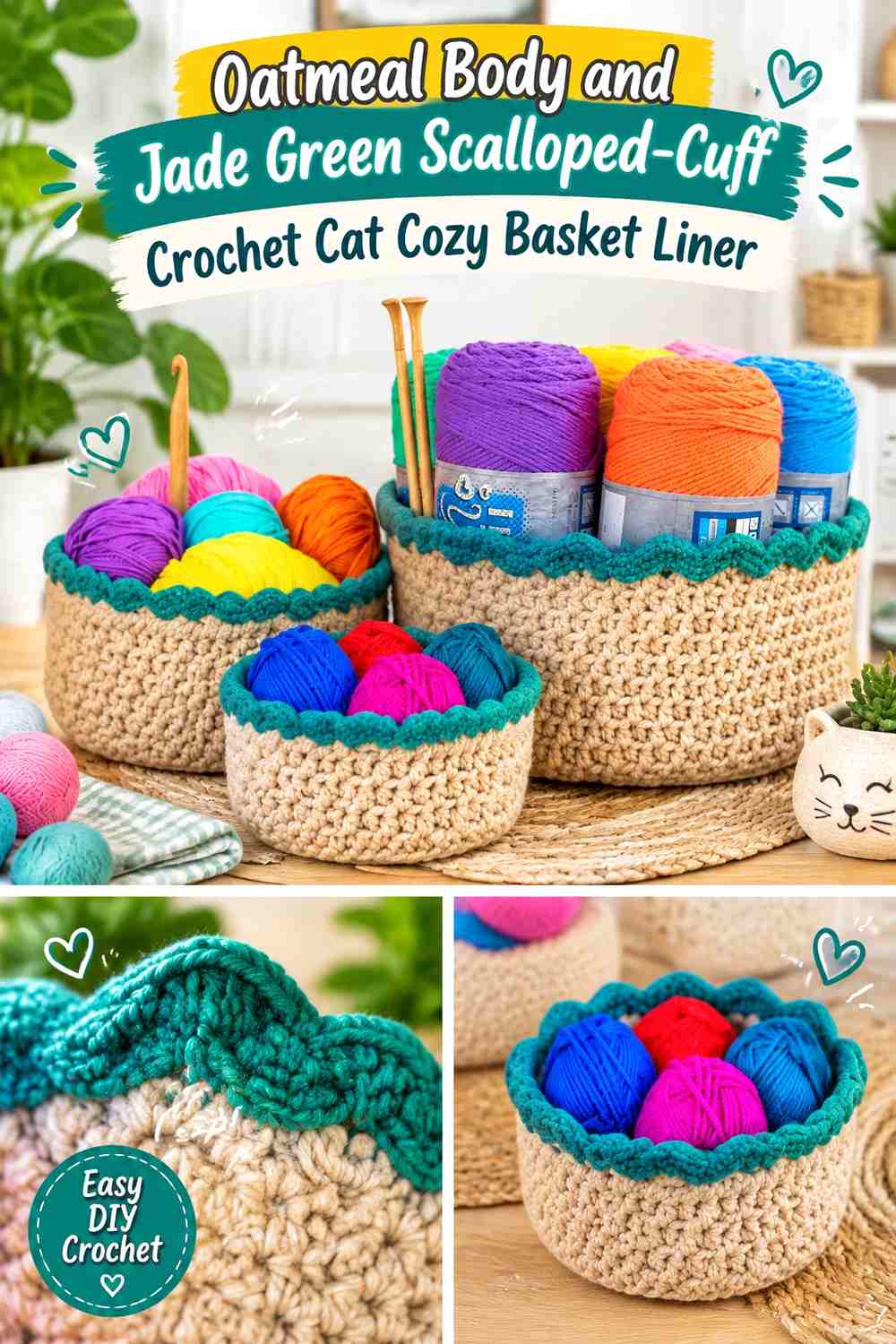 Oatmeal Body and Jade Green Scalloped-Cuff Crochet Cat Cozy Basket Liner