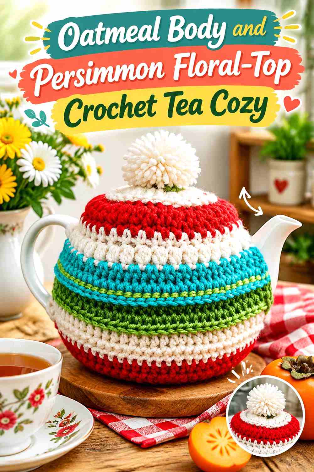6. Oatmeal Body And Persimmon Floral Top Crochet Tea Cozy