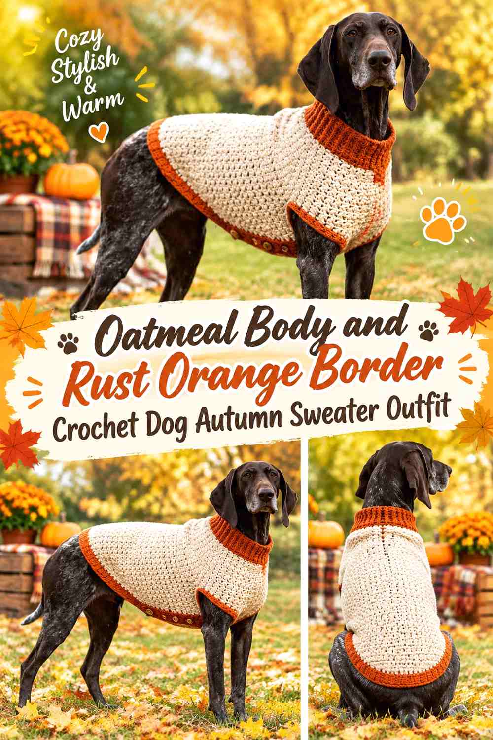 Oatmeal Body and Rust Orange Border Crochet Dog Autumn Sweater Outfit