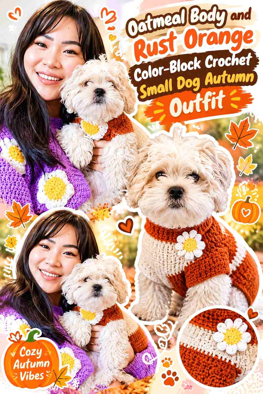 Oatmeal Body and Rust Orange Color-Block Crochet Small Dog Autumn Outfit