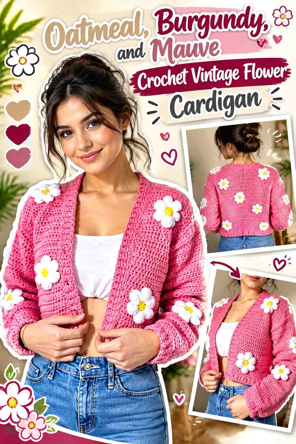 Oatmeal, Burgundy, and Mauve Crochet Vintage Flower Cardigan