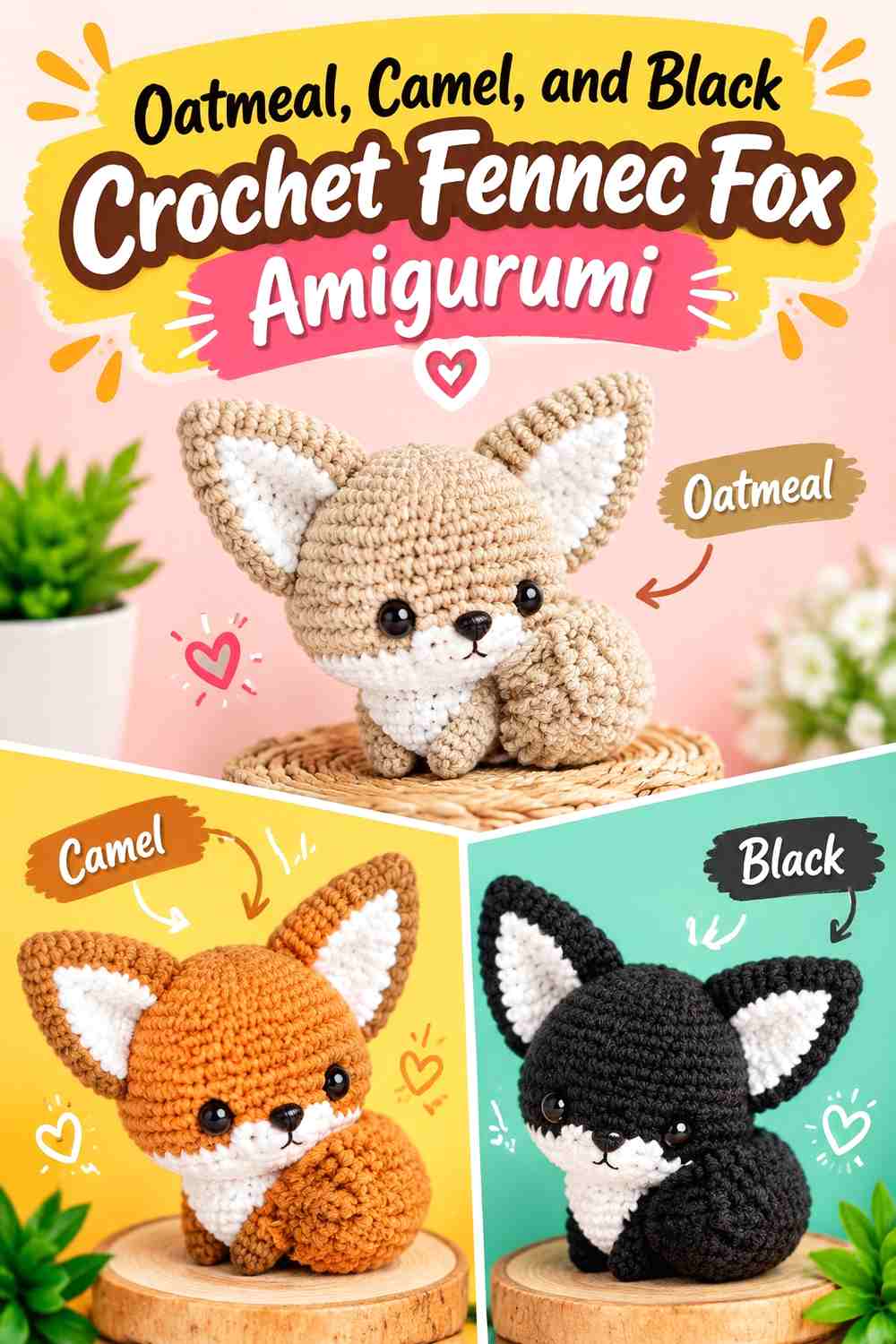 Oatmeal, Camel, and Black Crochet Fennec Fox Amigurumi