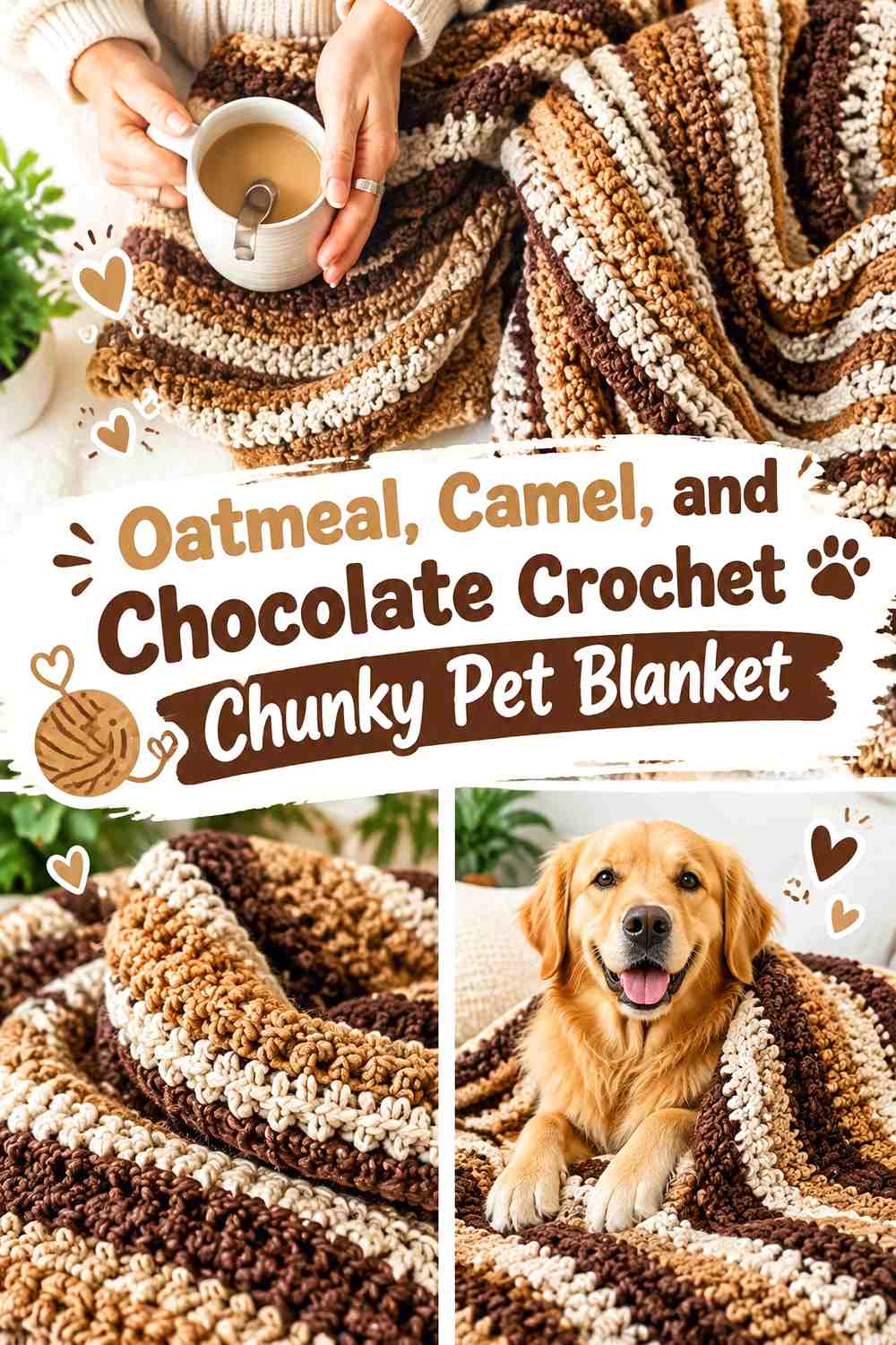 Oatmeal, Camel, and Chocolate Crochet Chunky Pet Blanket
