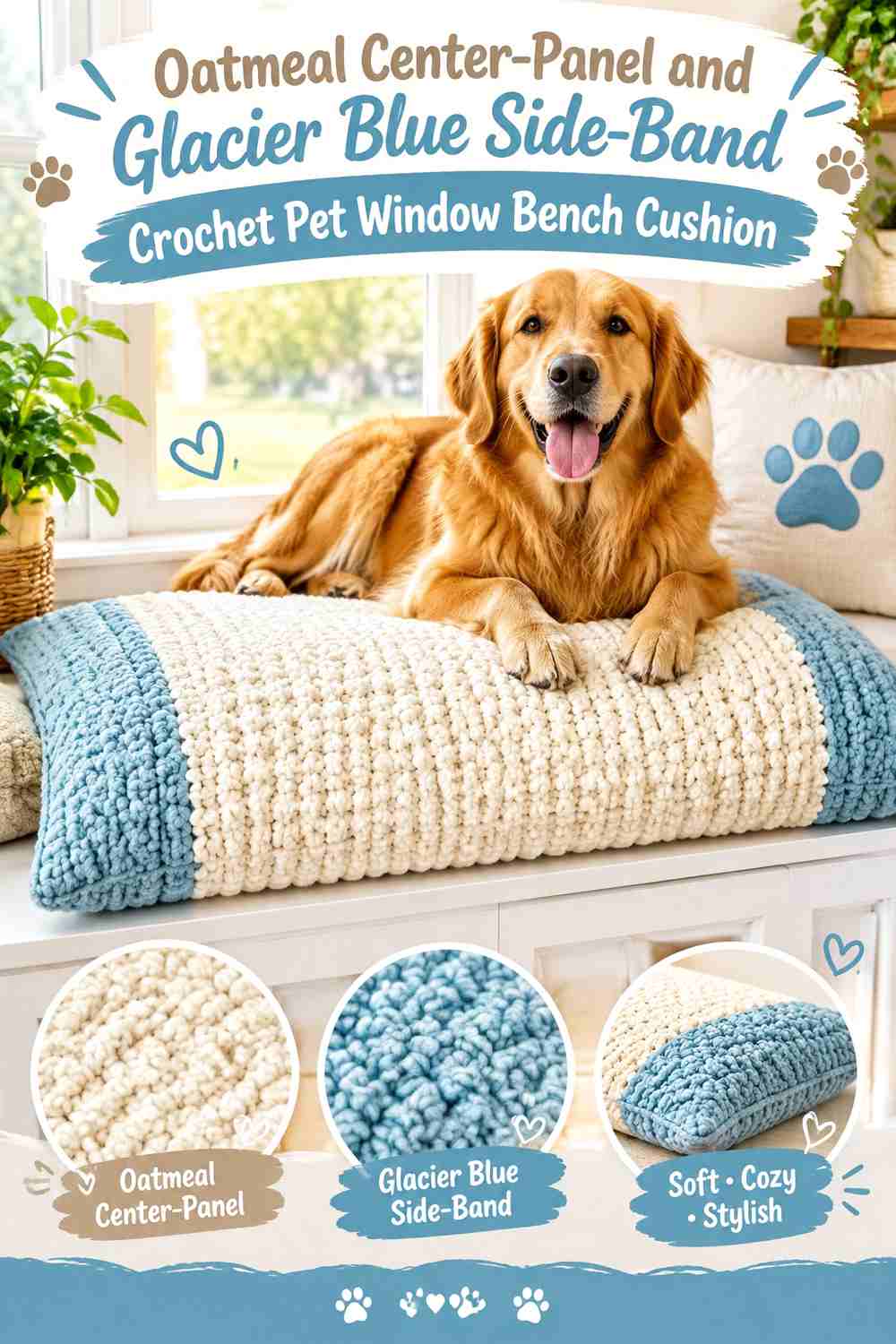 Oatmeal Center-Panel and Glacier Blue Side-Band Crochet Pet Window Bench Cushion