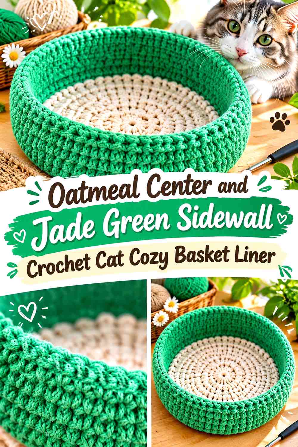 Oatmeal Center and Jade Green Sidewall Crochet Cat Cozy Basket Liner