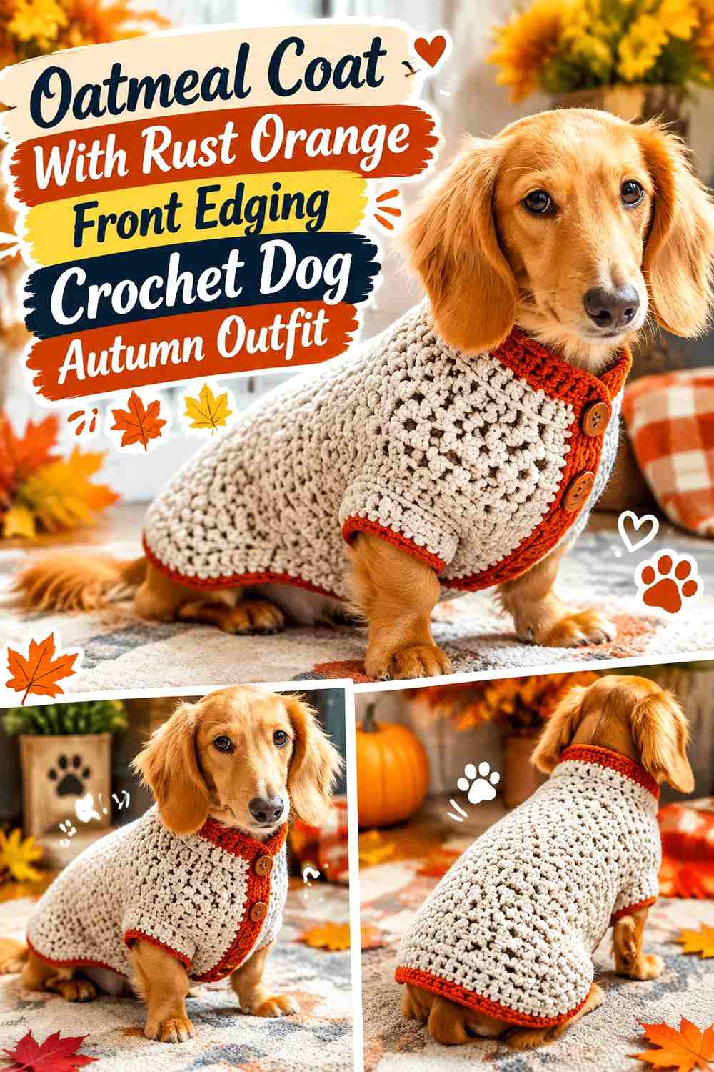 Oatmeal Coat With Rust Orange Front Edging Crochet Dog Autumn Outfit