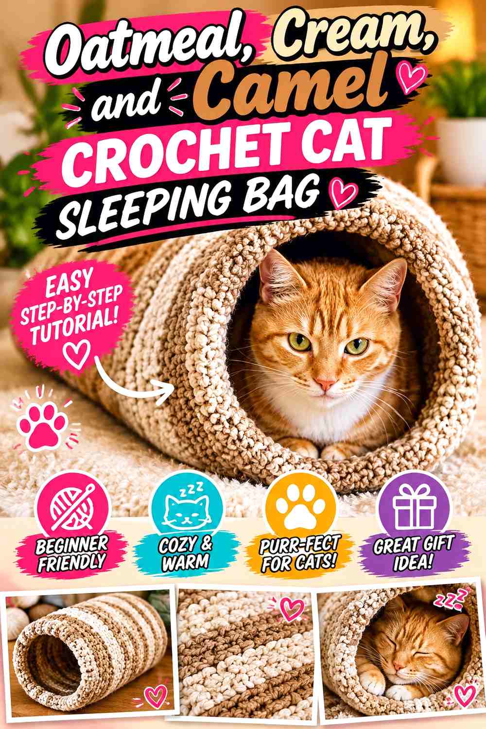 Oatmeal, Cream, and Camel Crochet Cat Sleeping Bag