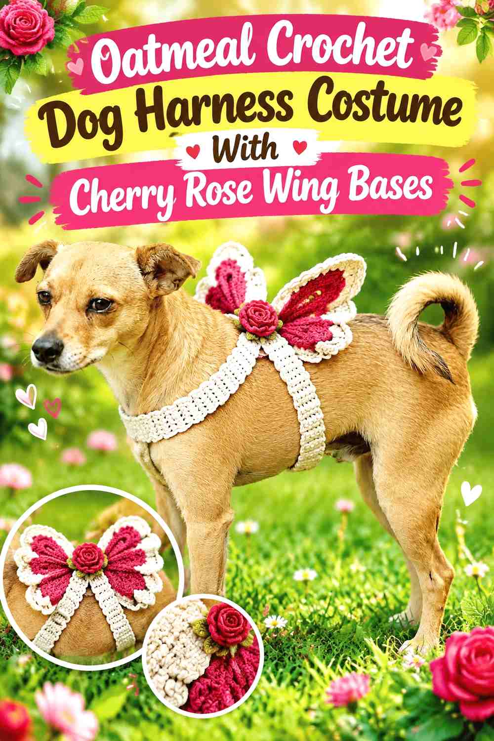 Oatmeal Crochet Dog Harness Costume With Cherry Rose Wing Bases