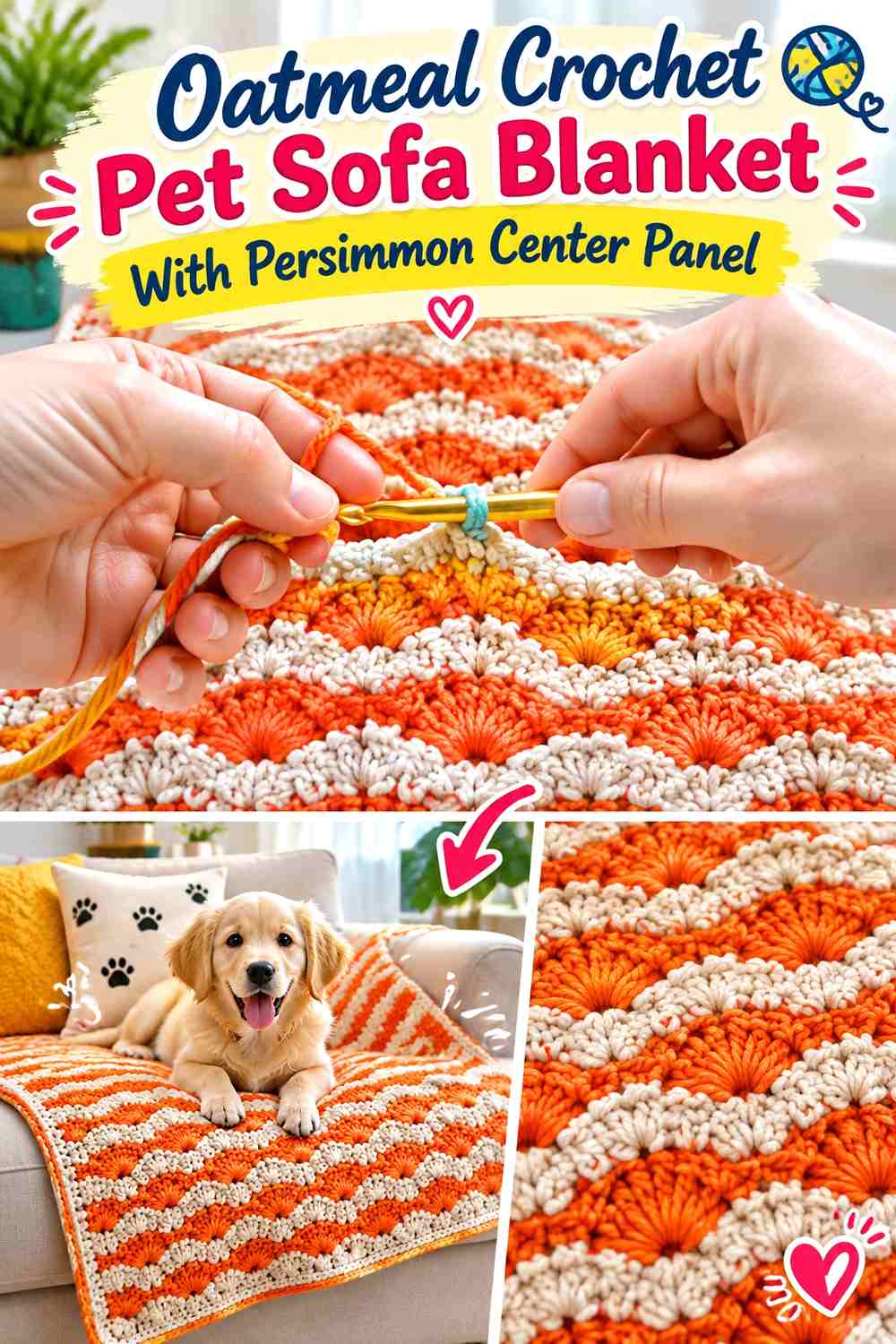 Oatmeal Crochet Pet Sofa Blanket With Persimmon Center Panel