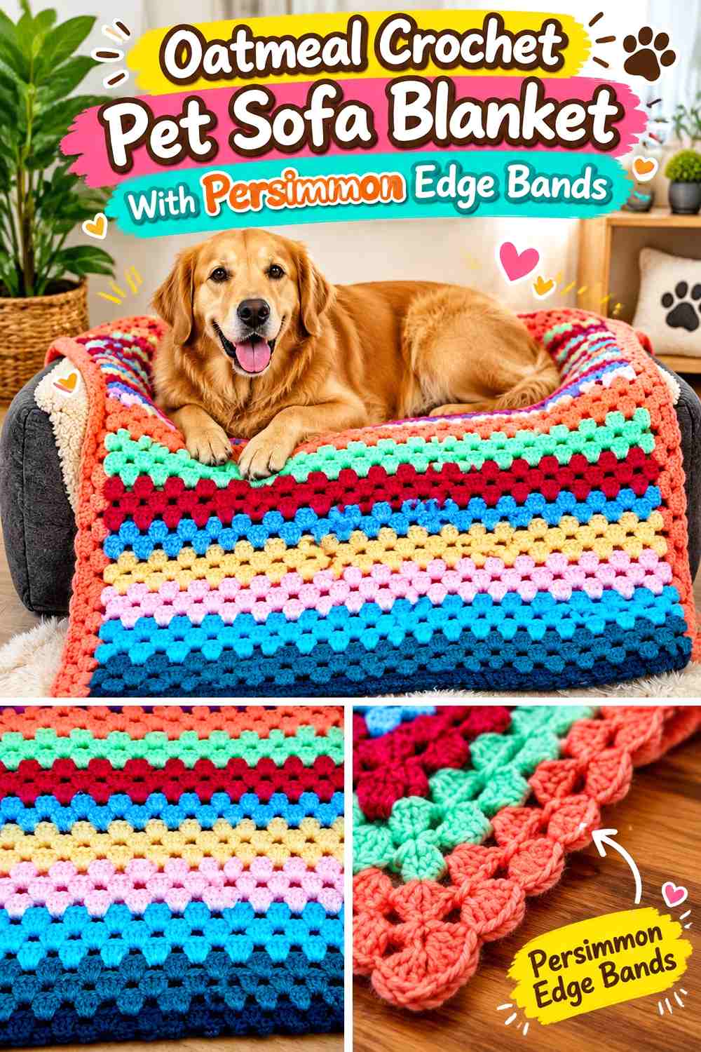 Oatmeal Crochet Pet Sofa Blanket With Persimmon Edge Bands