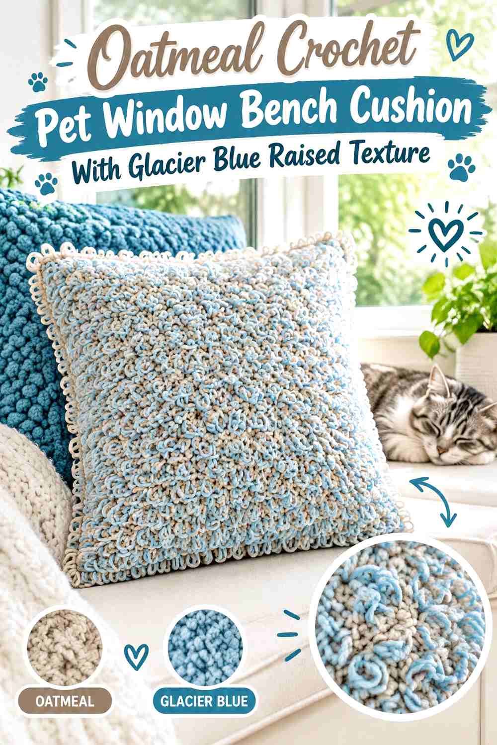 Oatmeal Crochet Pet Window Bench Cushion With Glacier Blue Raised Texture