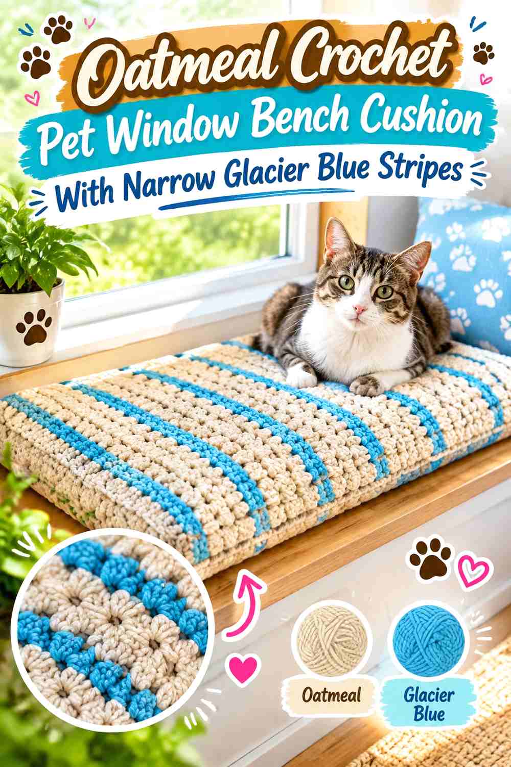 Oatmeal Crochet Pet Window Bench Cushion With Narrow Glacier Blue Stripes