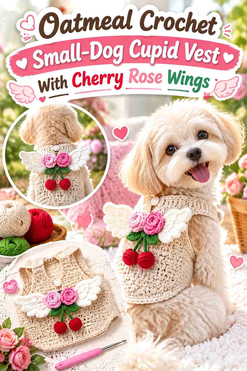 Oatmeal Crochet Small-Dog Cupid Vest With Cherry Rose Wings