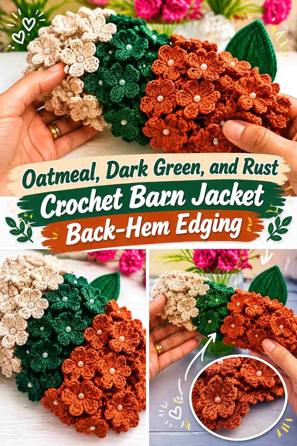 Oatmeal, Dark Green, and Rust Crochet Barn Jacket Back-Hem Edging