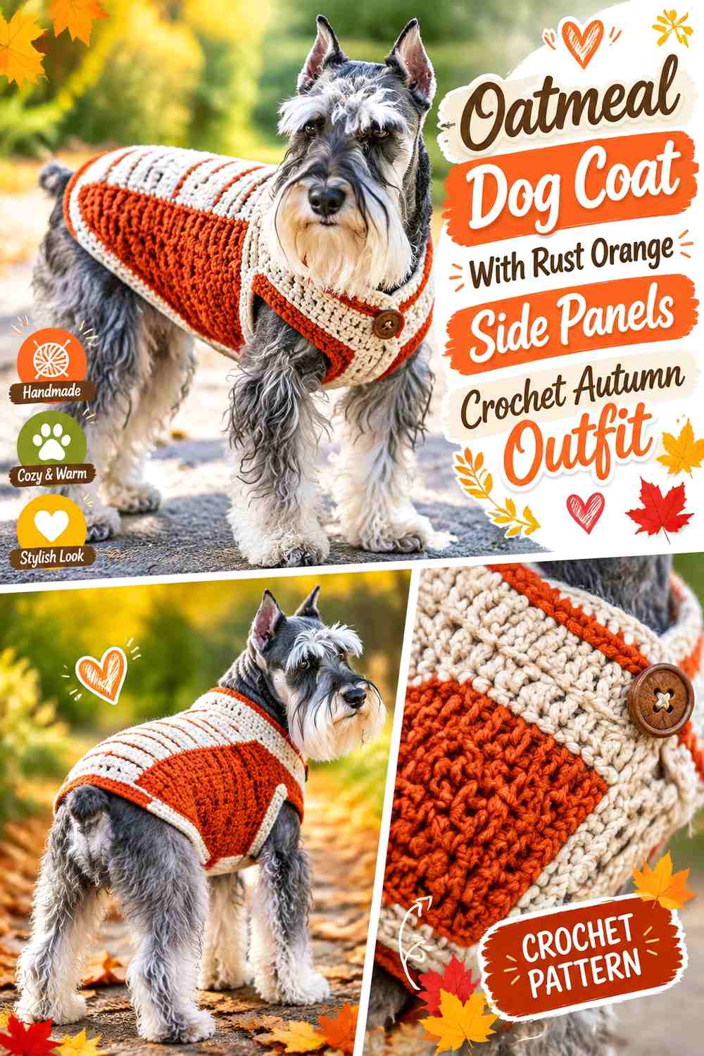 Oatmeal Dog Coat With Rust Orange Side Panels Crochet Autumn Outfit