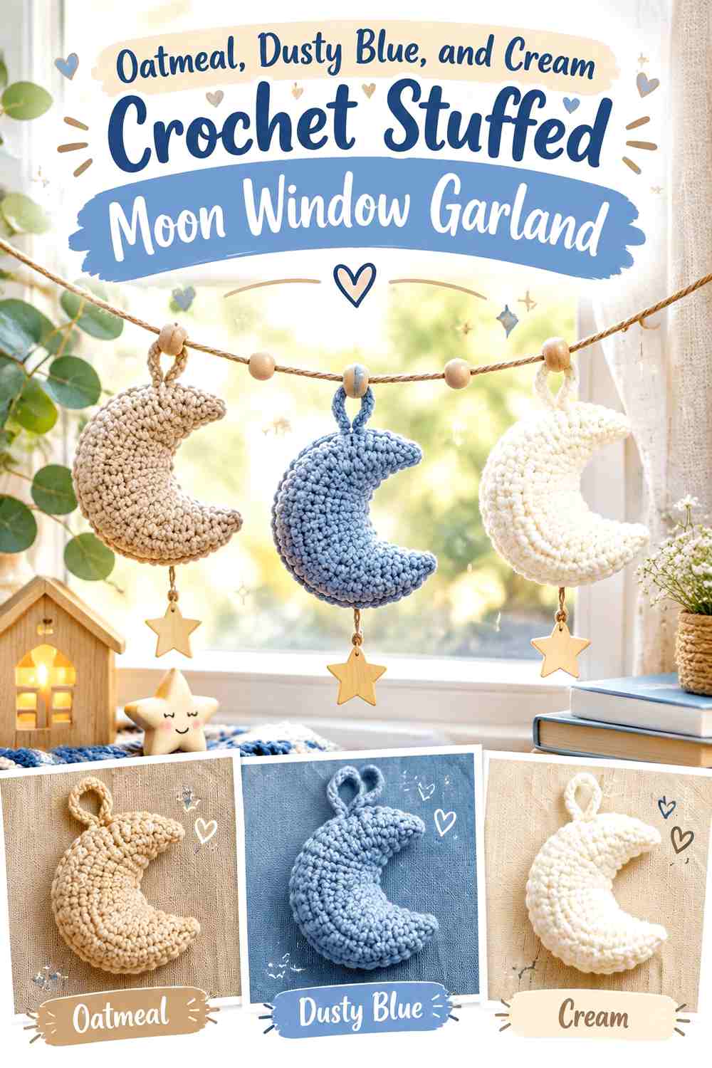 Oatmeal, Dusty Blue, and Cream Crochet Stuffed Moon Window Garland