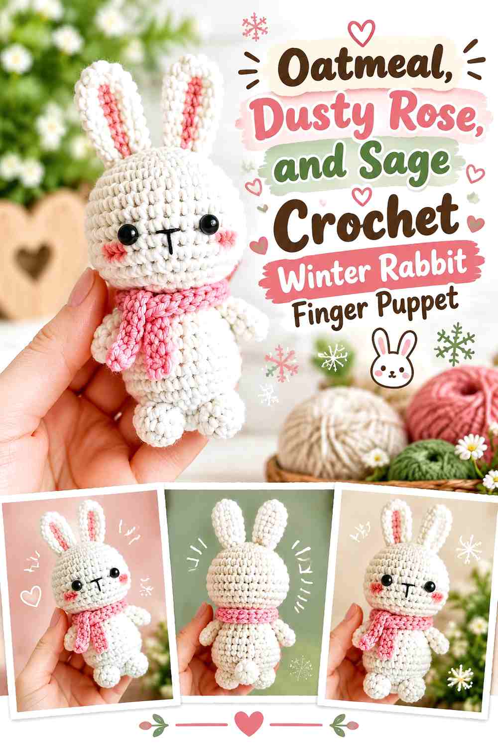Oatmeal, Dusty Rose, and Sage Crochet Winter Rabbit Finger Puppet