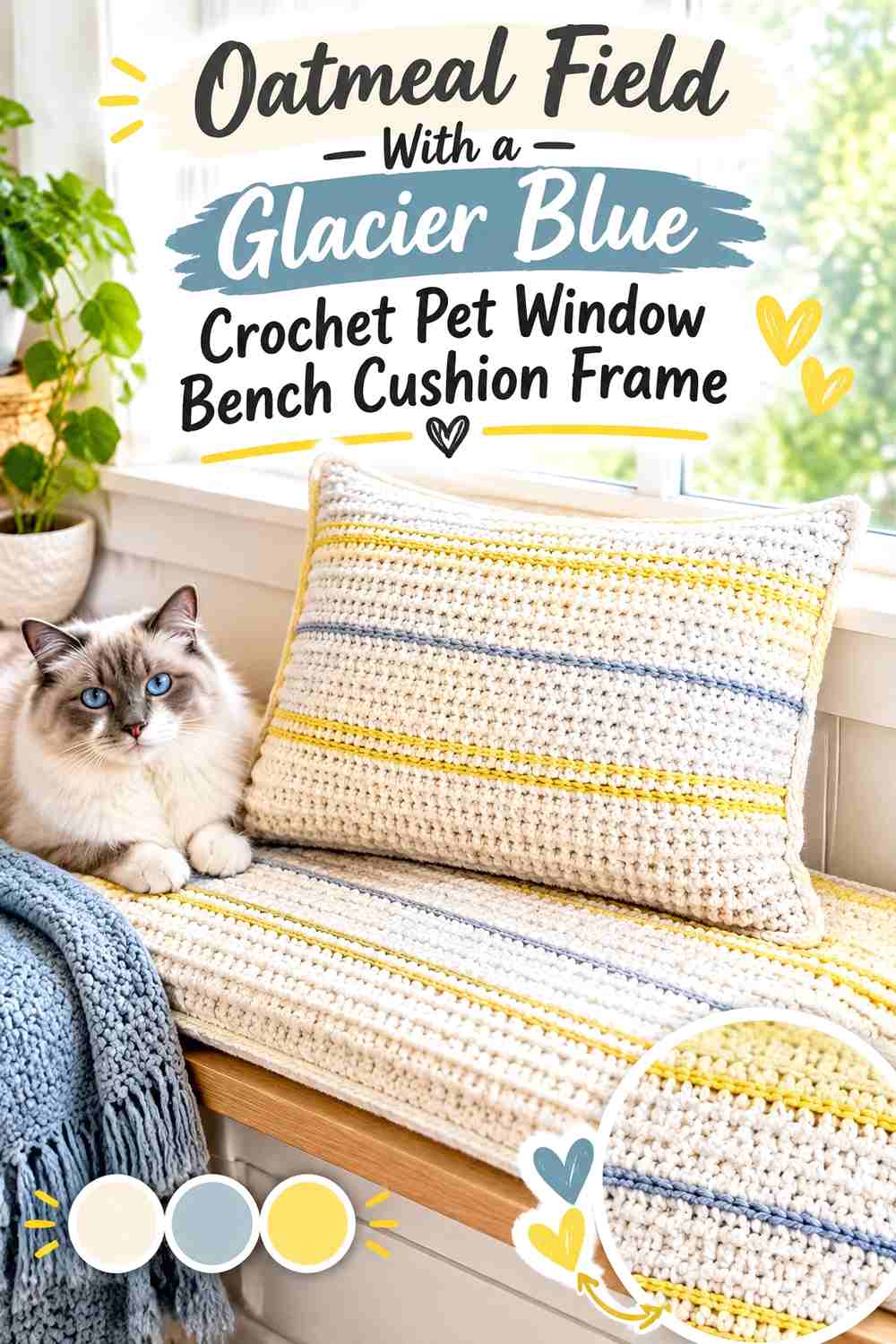 Oatmeal Field With a Glacier Blue Crochet Pet Window Bench Cushion Frame