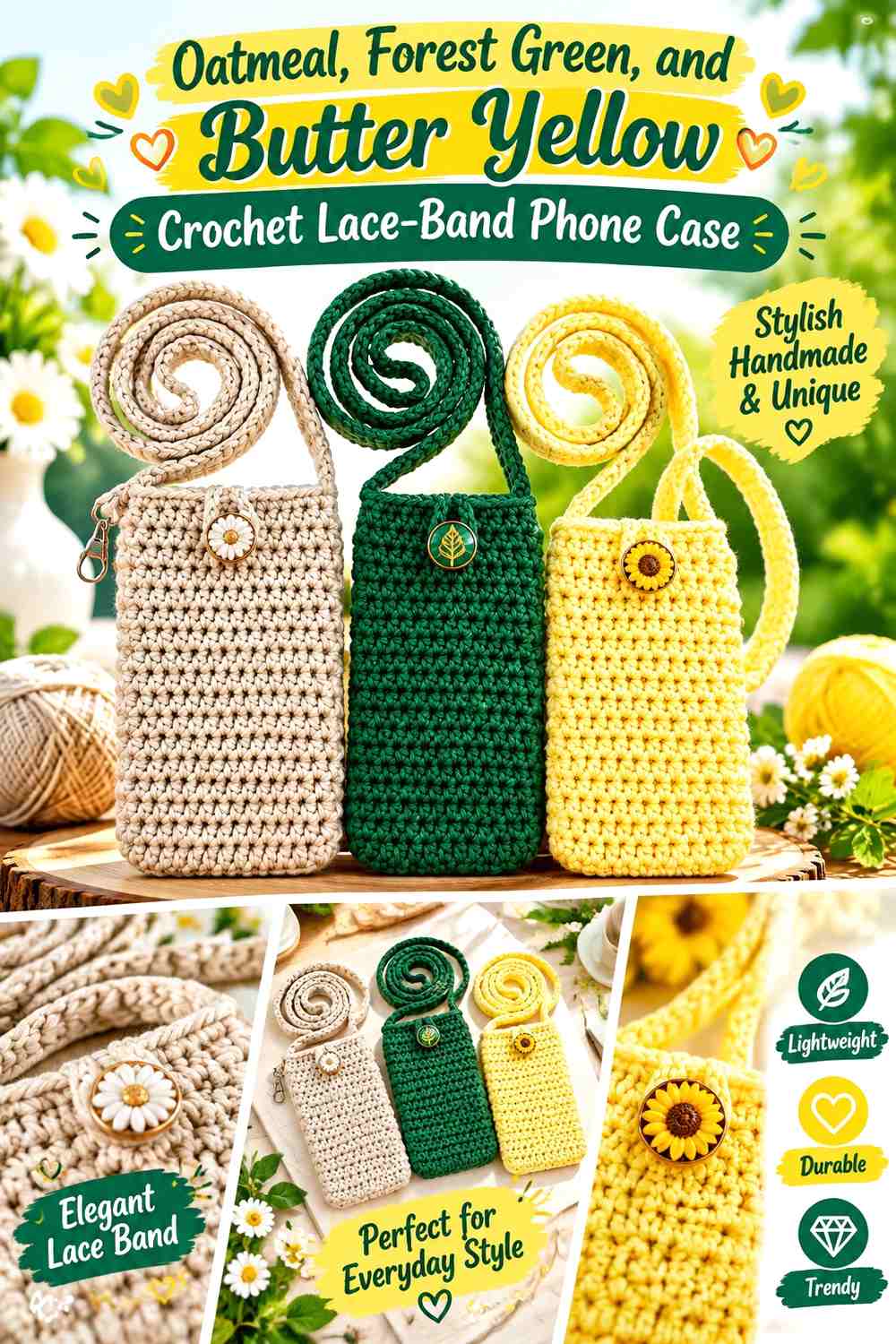 Oatmeal, Forest Green, and Butter Yellow Crochet Lace-Band Phone Case