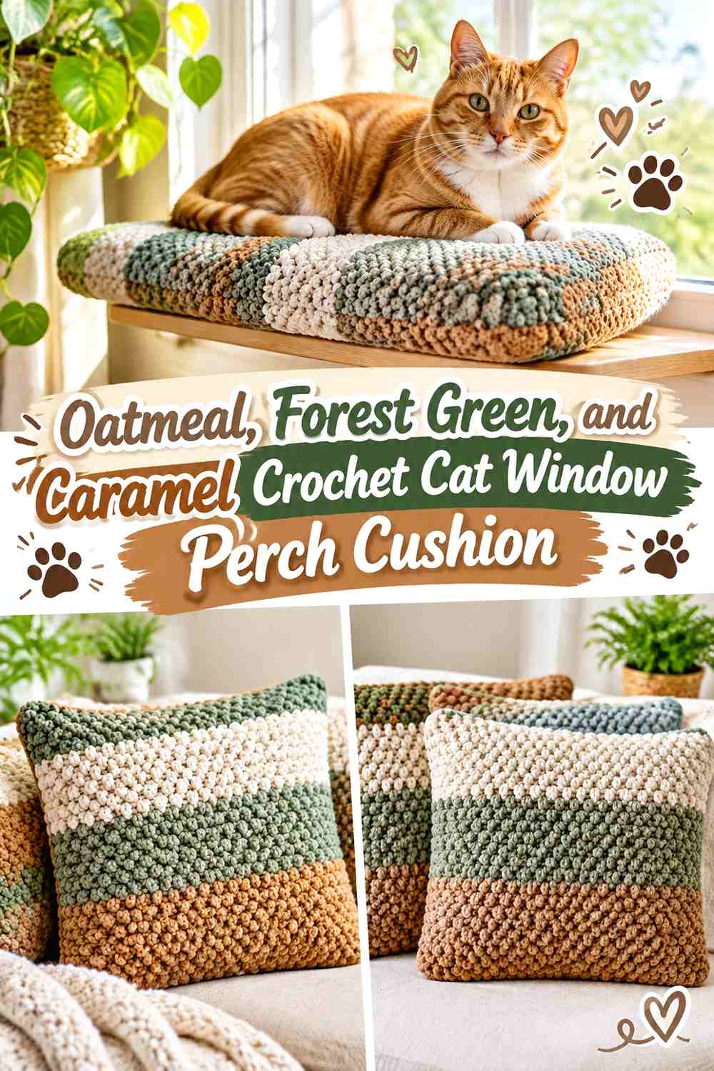 Oatmeal, Forest Green, and Caramel Crochet Cat Window Perch Cushion