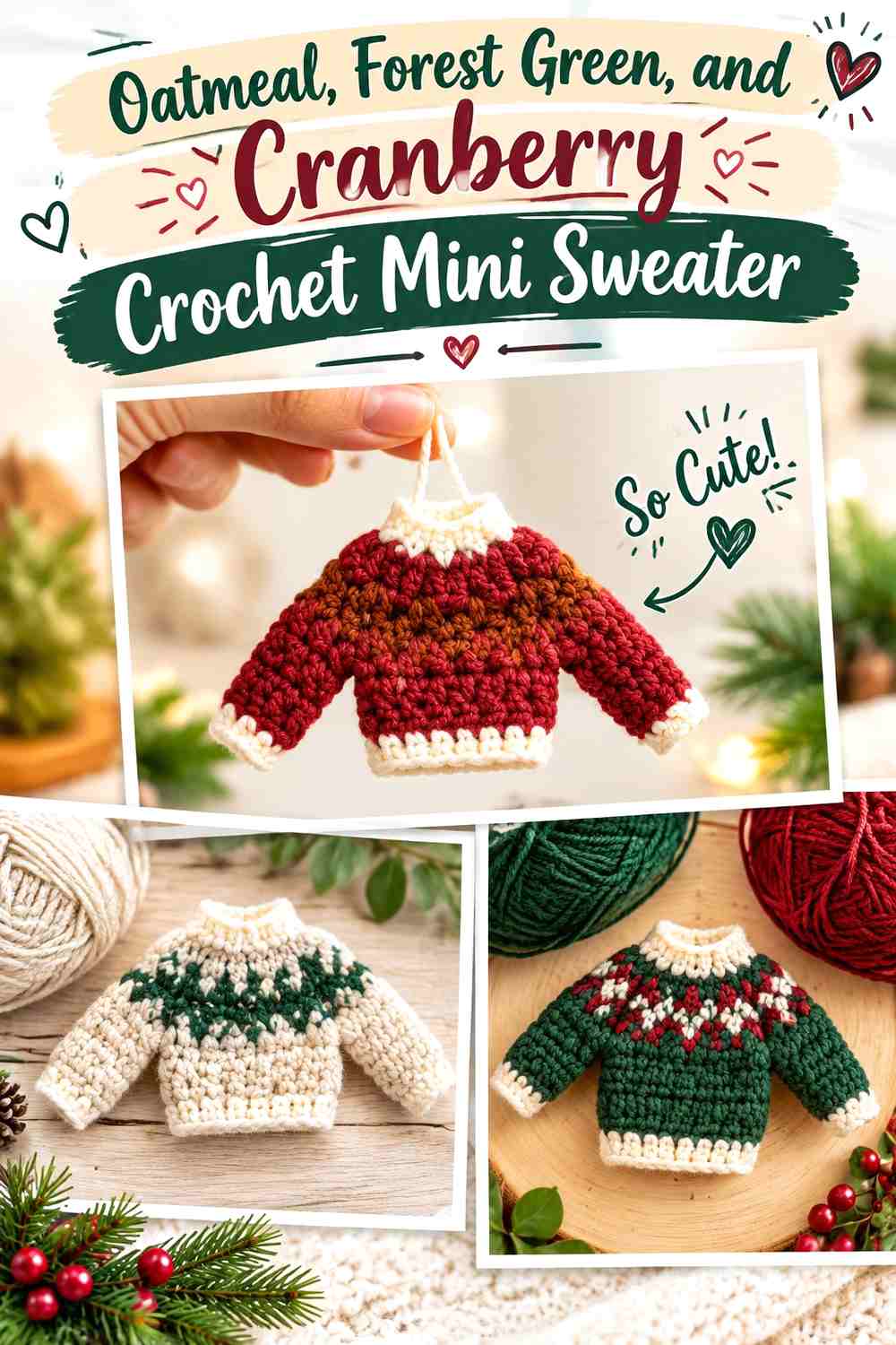 Oatmeal, Forest Green, and Cranberry Crochet Mini Sweater
