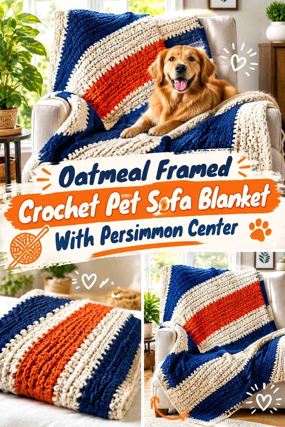 Oatmeal Framed Crochet Pet Sofa Blanket With Persimmon Center
