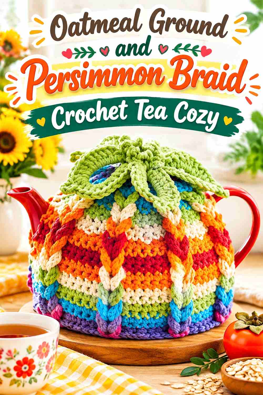 9. Oatmeal Ground And Persimmon Braid Crochet Tea Cozy