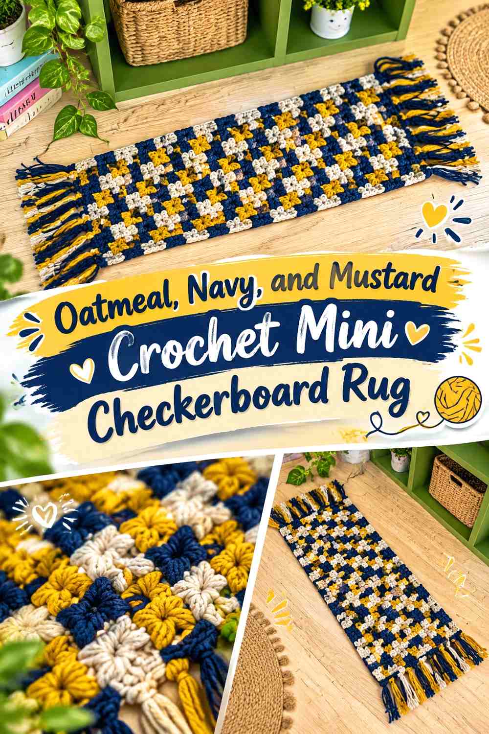 Oatmeal, Navy, and Mustard Crochet Mini Checkerboard Rug