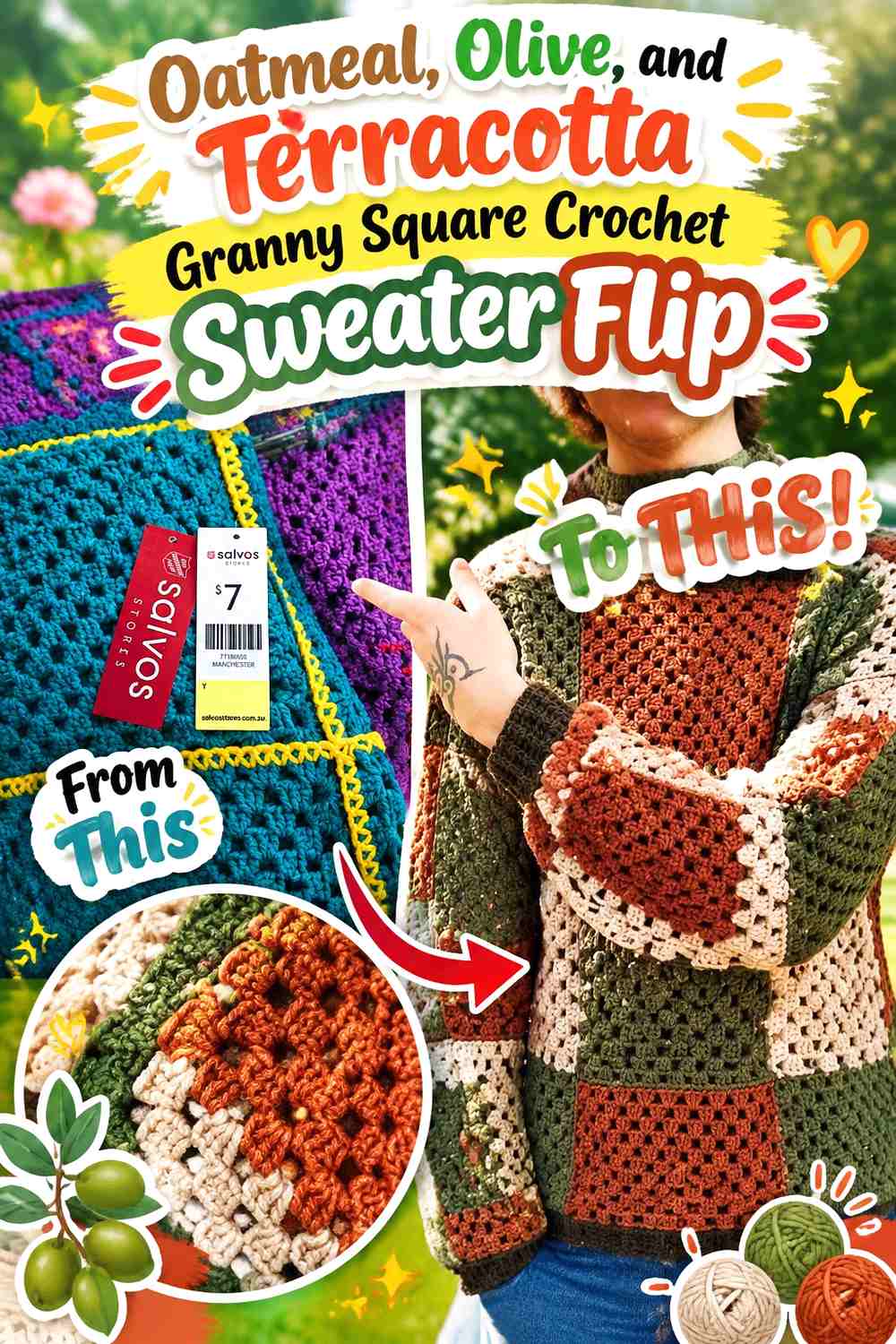 Oatmeal, Olive, and Terracotta Granny Square Crochet Sweater Flip