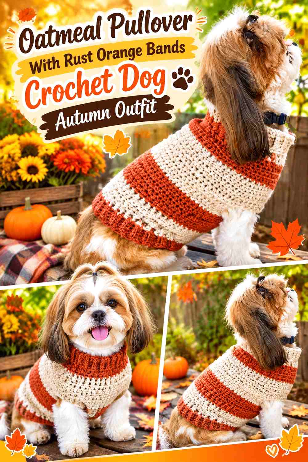 Oatmeal Pullover With Rust Orange Bands Crochet Dog Autumn Outfit