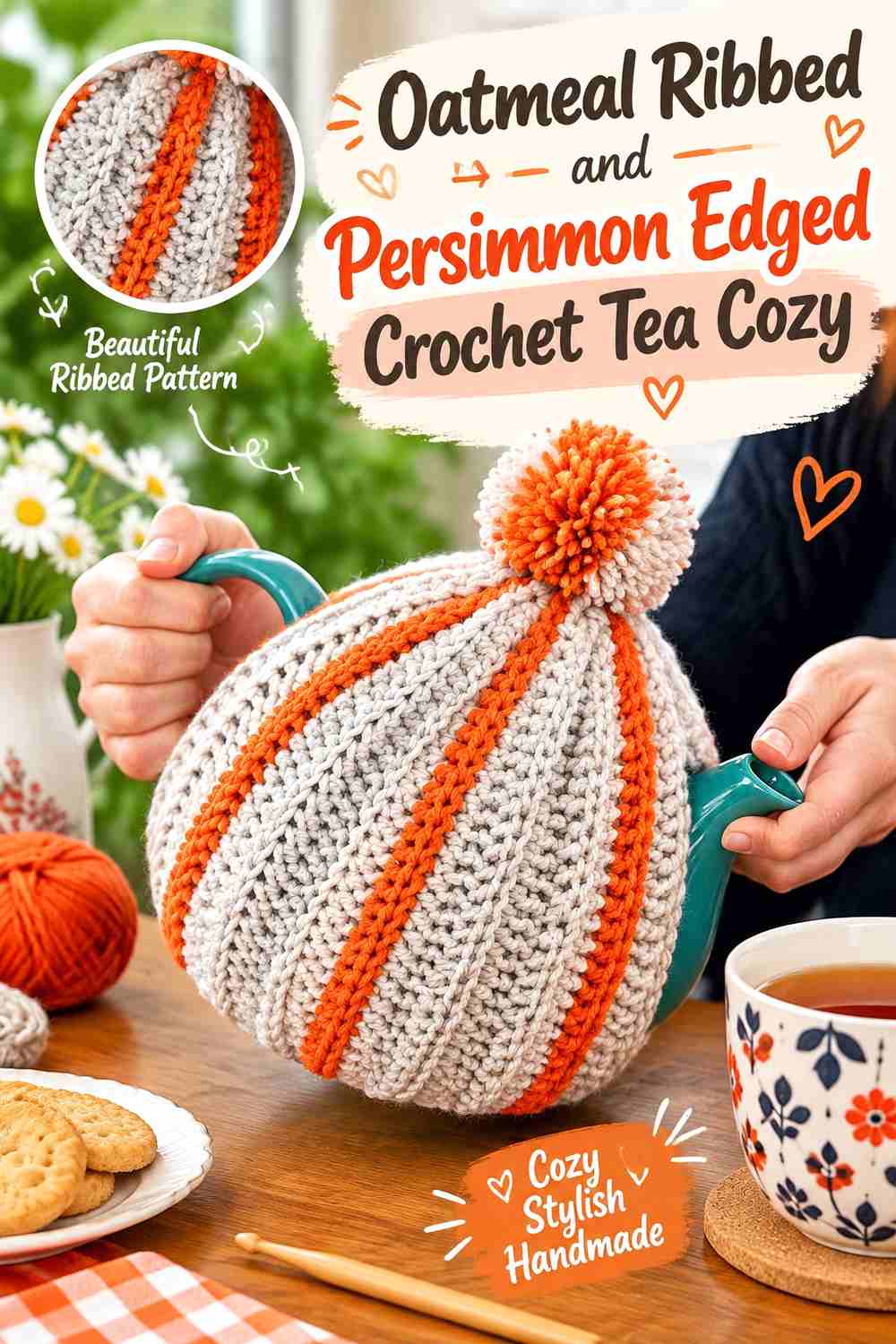 2. Oatmeal Ribbed And Persimmon Edged Crochet Tea Cozy