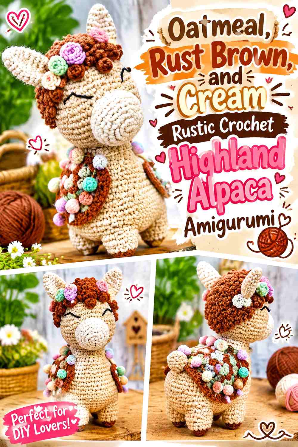 Oatmeal, Rust Brown, and Cream Rustic Crochet Highland Alpaca Amigurumi
