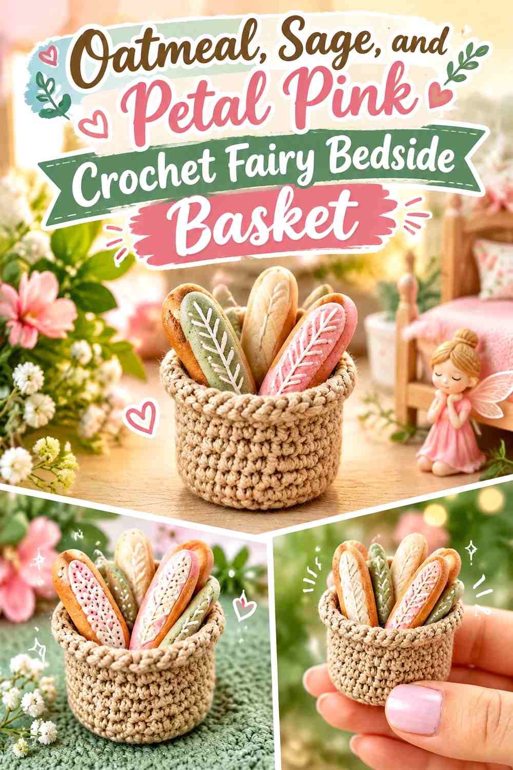 Oatmeal, Sage, and Petal Pink Crochet Fairy Bedside Basket