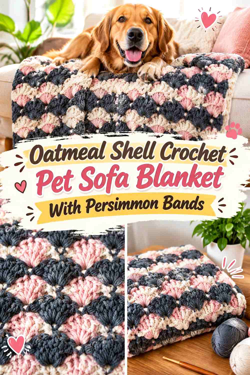 Oatmeal Shell Crochet Pet Sofa Blanket With Persimmon Bands