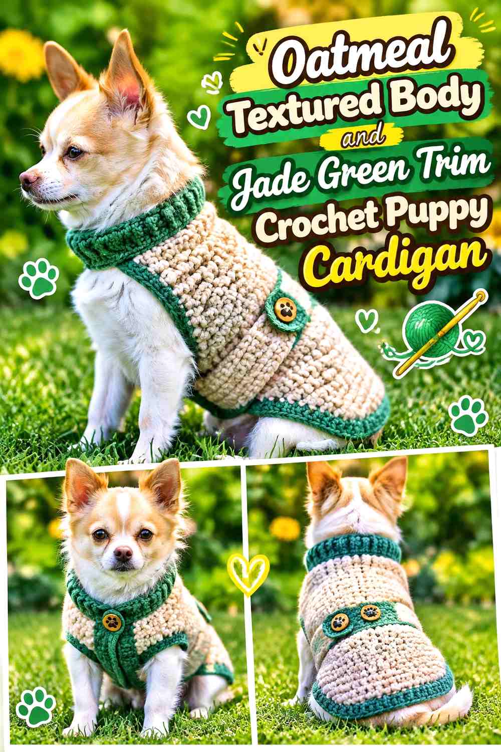 Oatmeal Textured Body and Jade Green Trim Crochet Puppy Cardigan