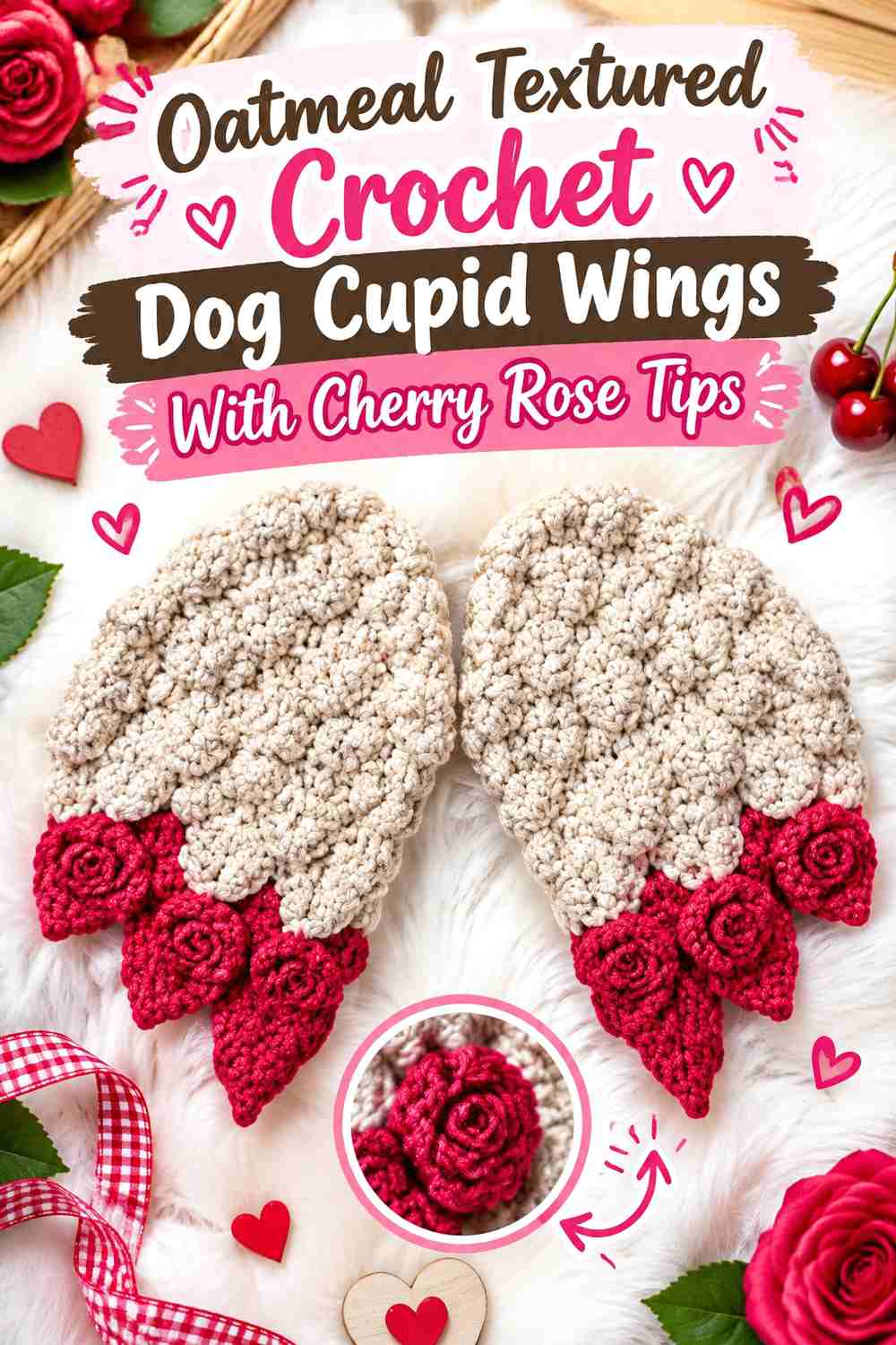 Oatmeal Textured Crochet Dog Cupid Wings With Cherry Rose Tips