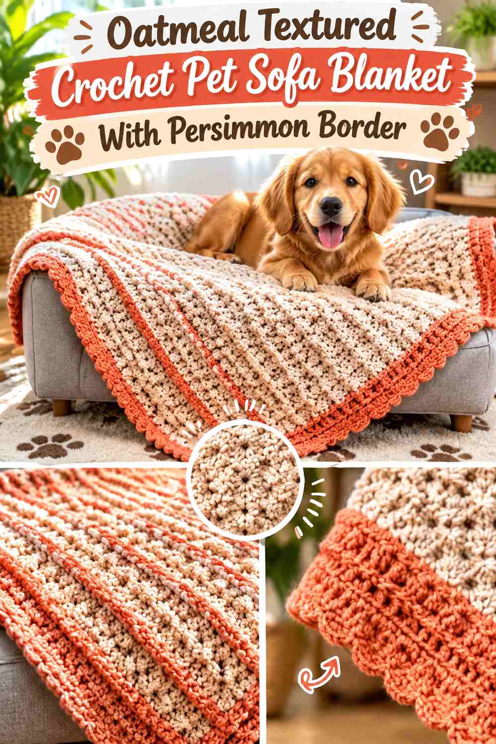 Oatmeal Textured Crochet Pet Sofa Blanket With Persimmon Border