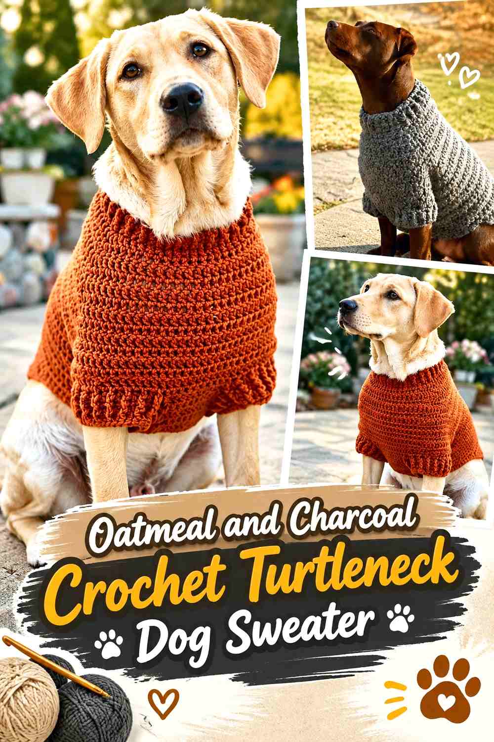 Oatmeal and Charcoal Crochet Turtleneck Dog Sweater