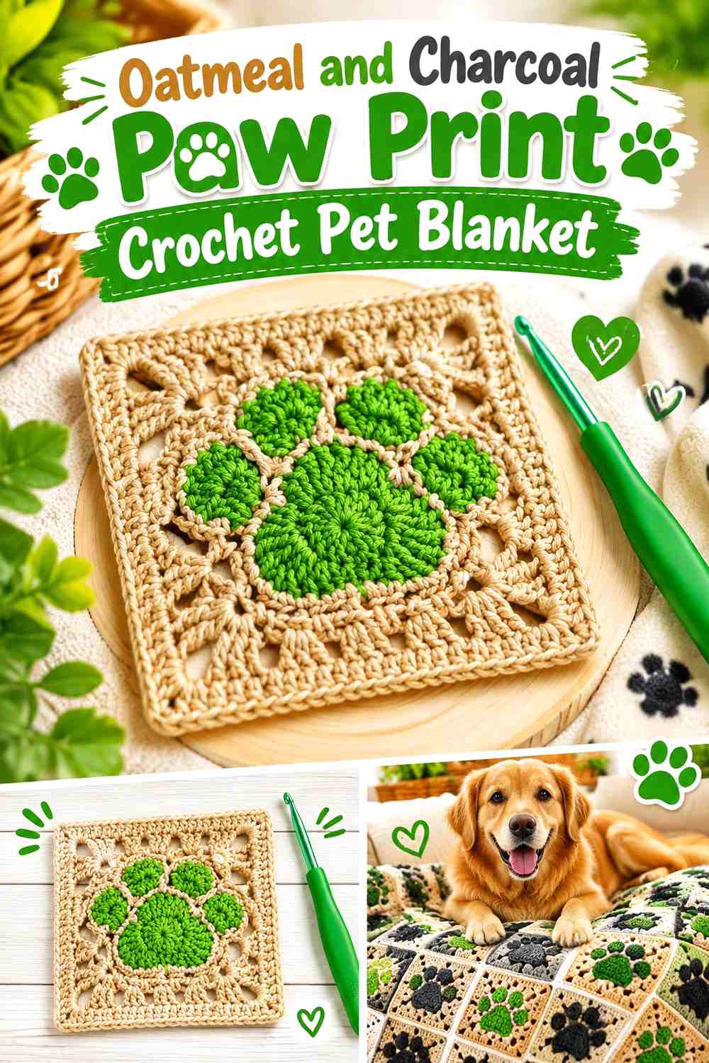Oatmeal and Charcoal Paw Print Crochet Pet Blanket