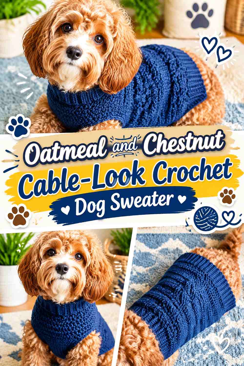 Oatmeal and Chestnut Cable-Look Crochet Dog Sweater