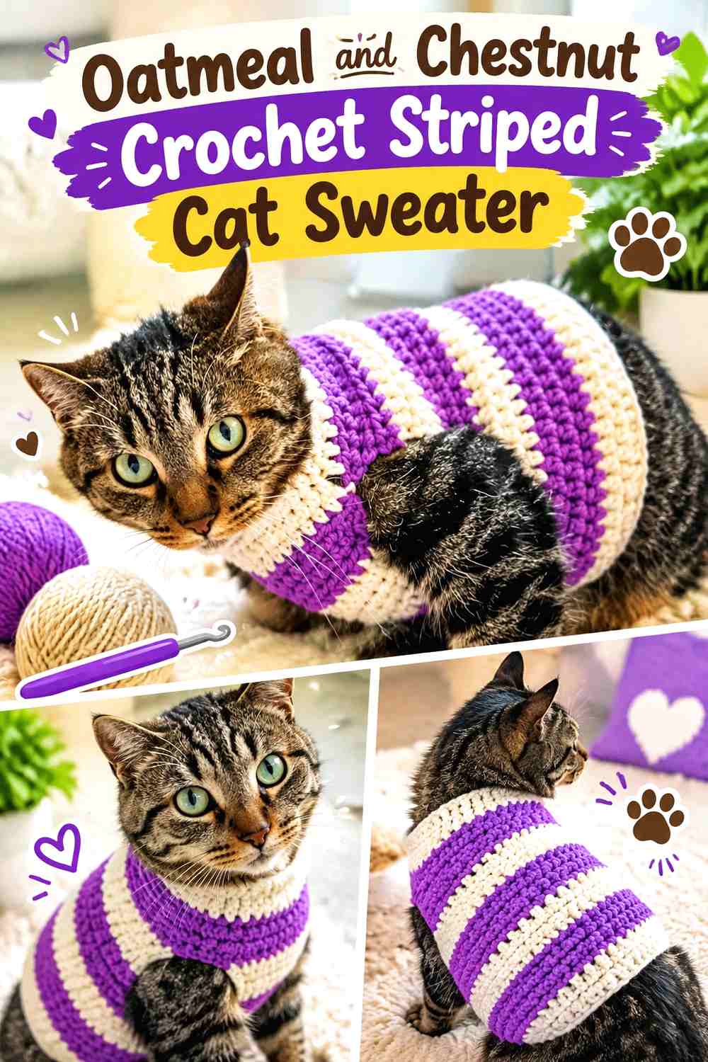 Oatmeal and Chestnut Crochet Striped Cat Sweater