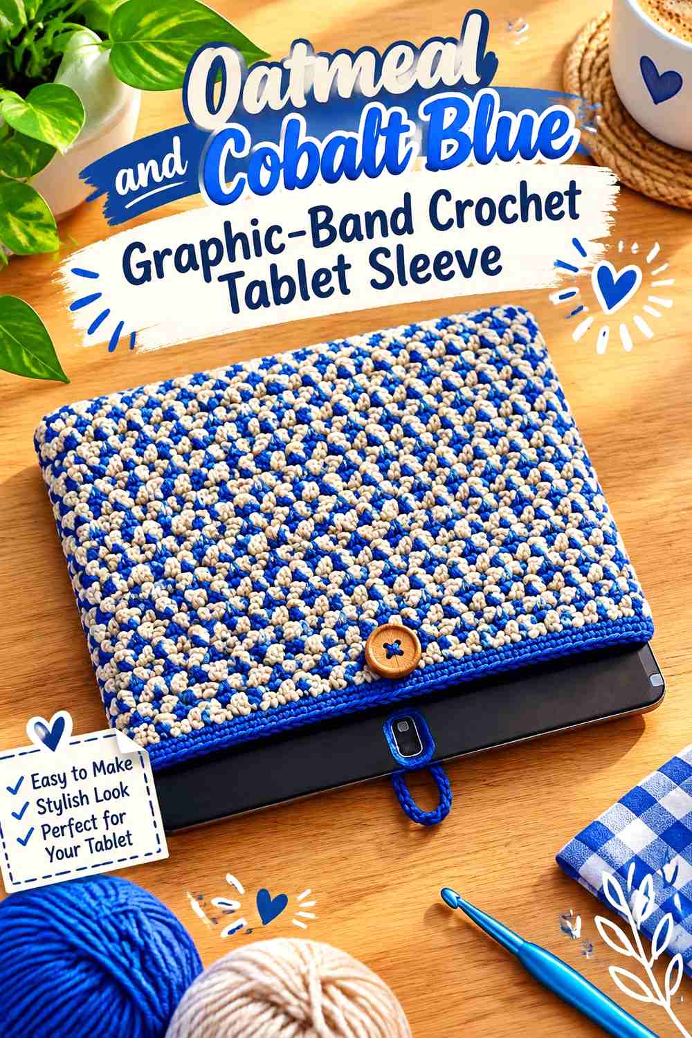 2. Oatmeal And Cobalt Blue Graphic Band Crochet Tablet Sleeve