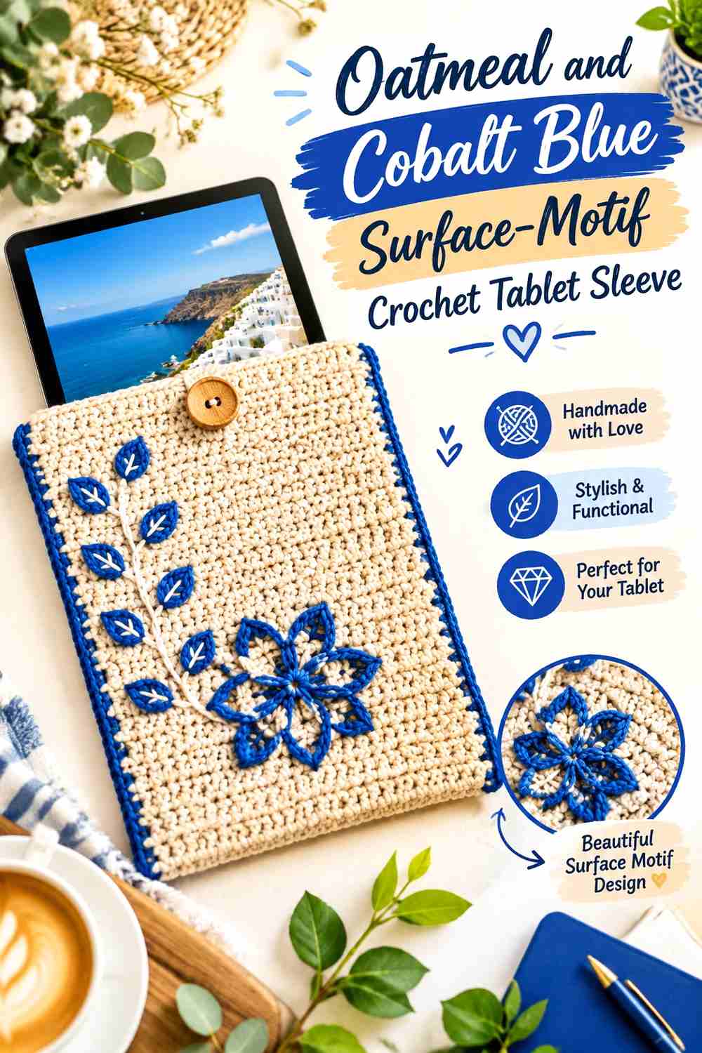 12. Oatmeal And Cobalt Blue Surface Motif Crochet Tablet Sleeve