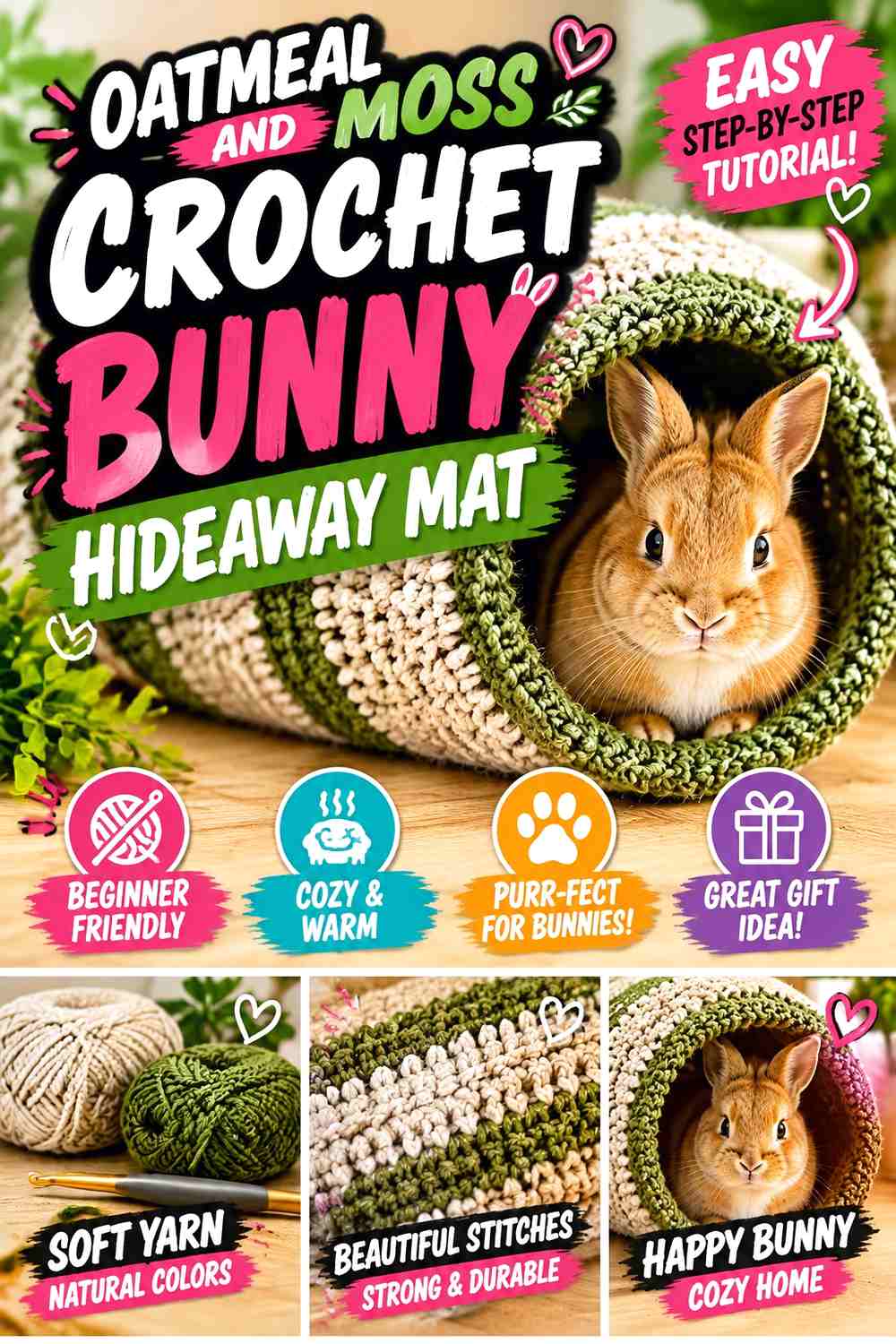 Oatmeal and Moss Crochet Bunny Hideaway Mat