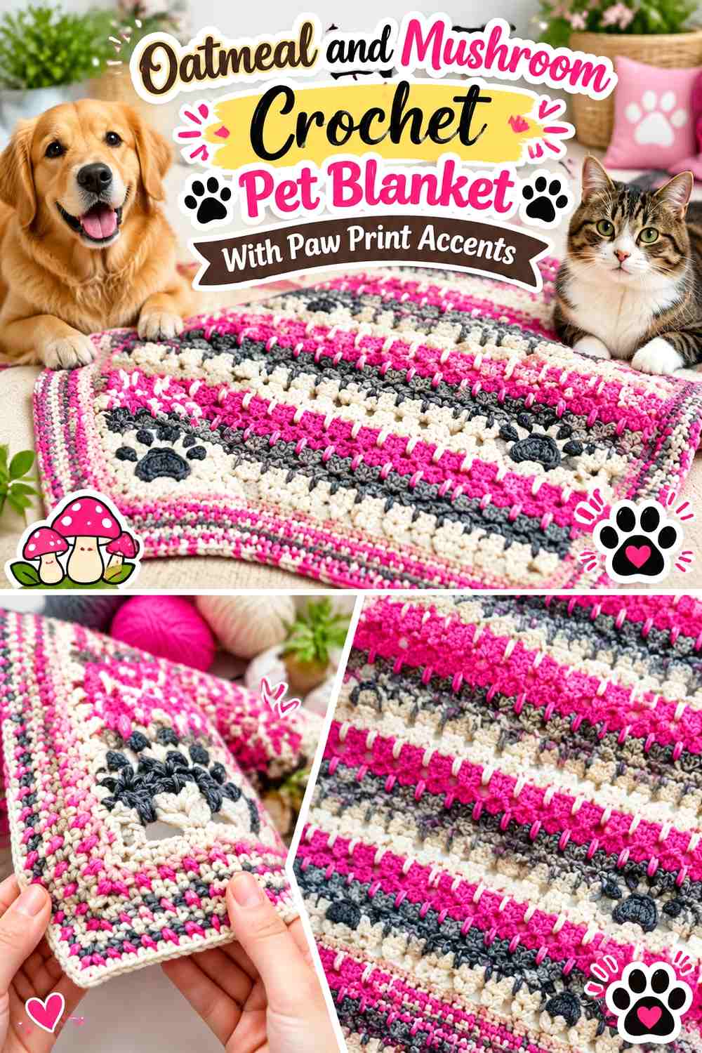 Oatmeal and Mushroom Crochet Pet Blanket With Paw Print Accents